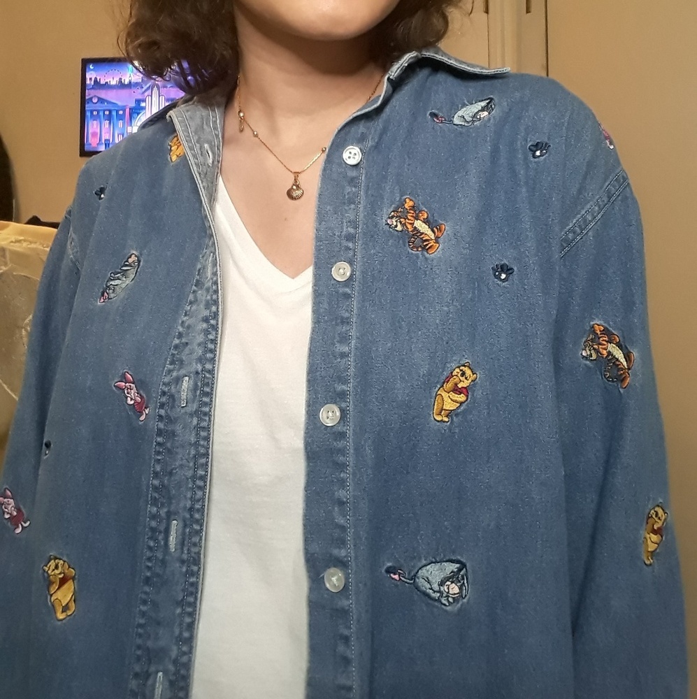 Winnie the pooh embroidered denim button down